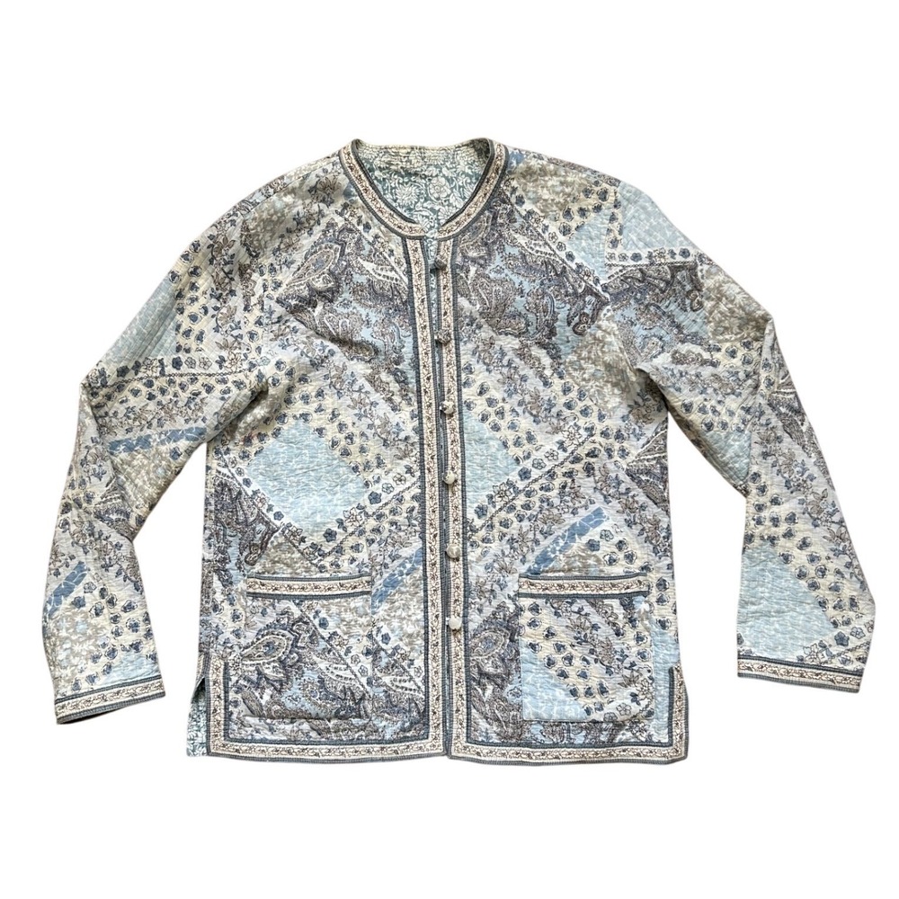 Vtg Quilted Patchwork cotton Paisley Jacket Blue Cream Small boho fottage granny